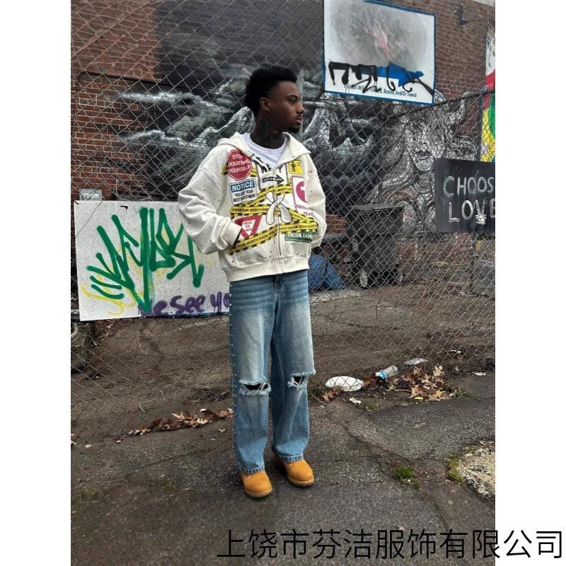 Popular hooded sweater European and American 3D printing pattern street retro style blockade restricted area street personality danger