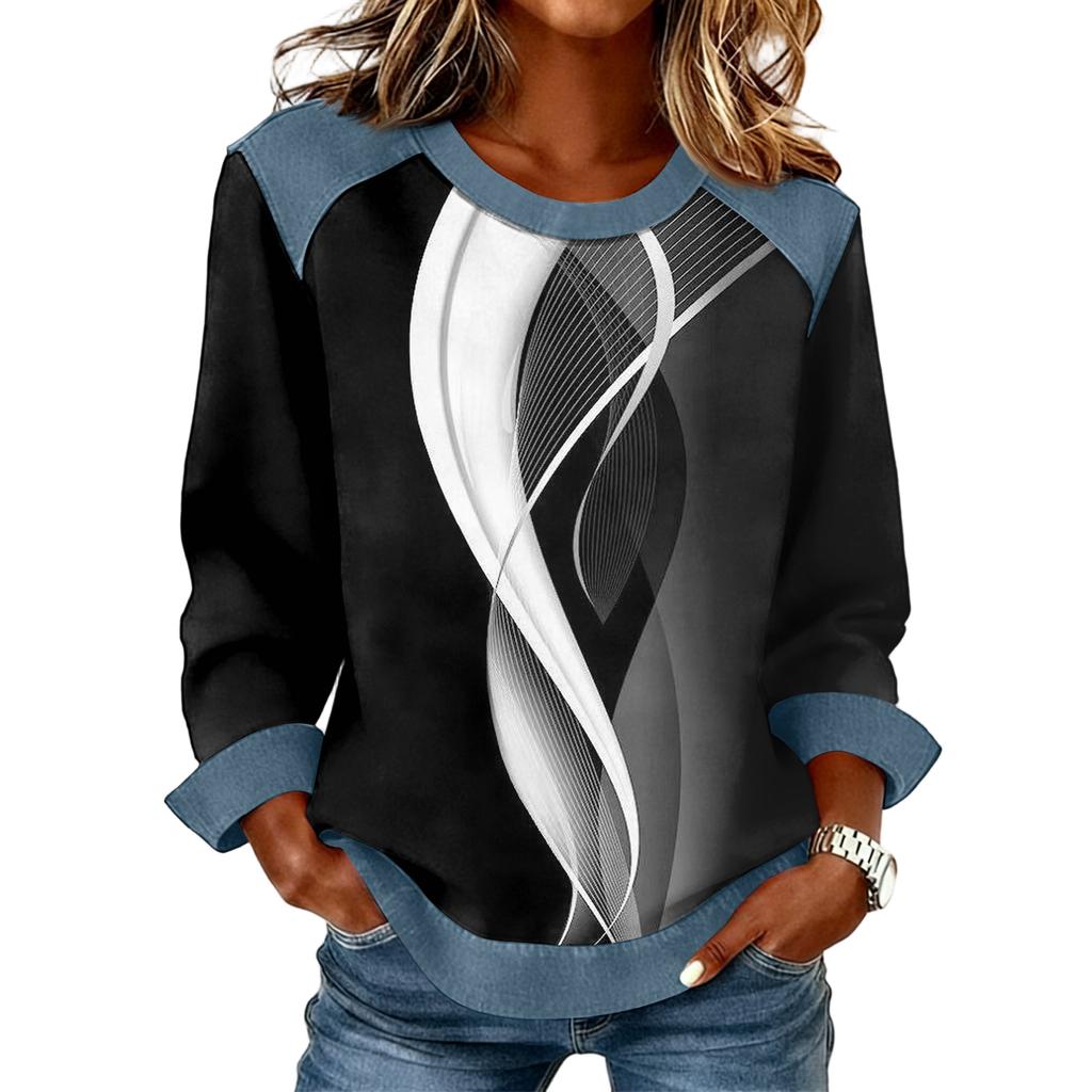 Damen Jeanskragen Patchwork Nähte Sweatshirt Lässig Pullover Langarmshirts