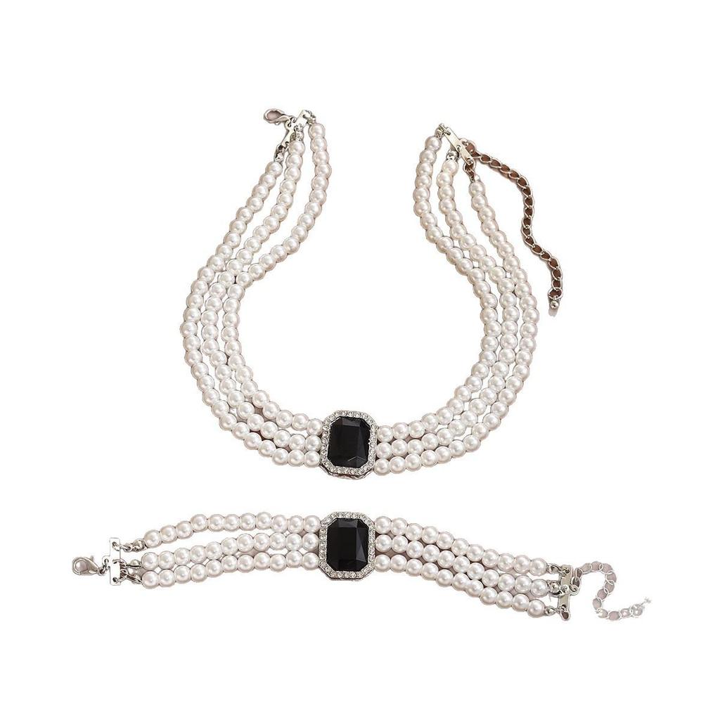 Luxury Multi-Layer Pearl Choker Necklace, Bracelet & Stud Earrings Set for Women