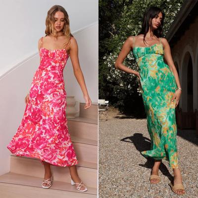 Summer New Sleeveless Slim Fit Strap Sexy Dress for Women Fashion Backless Floral Print Vintage Dresses Women Elegant High Waist Casual Dress 26282