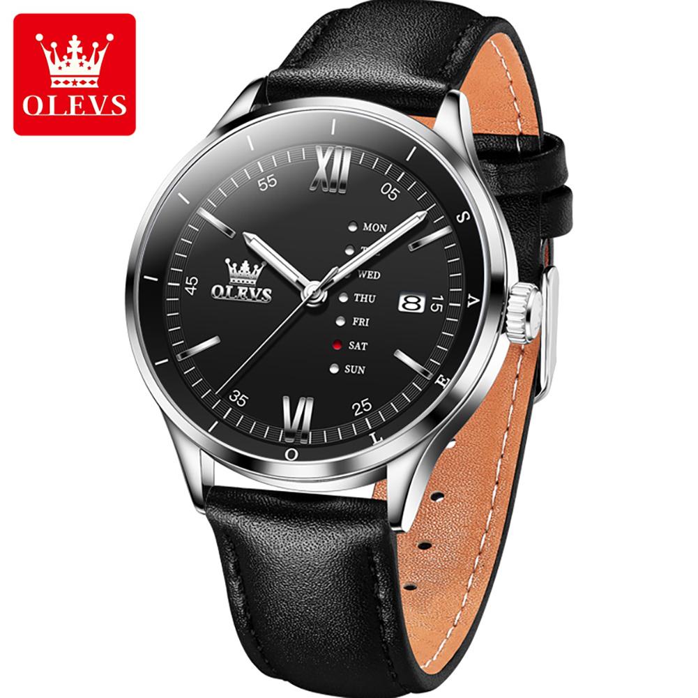 OLEVS Men's Watches Casual Fashion Leather Strap Waterproof Luminous Date Week Original Brand Quartz Wristwatch for Man Trend
