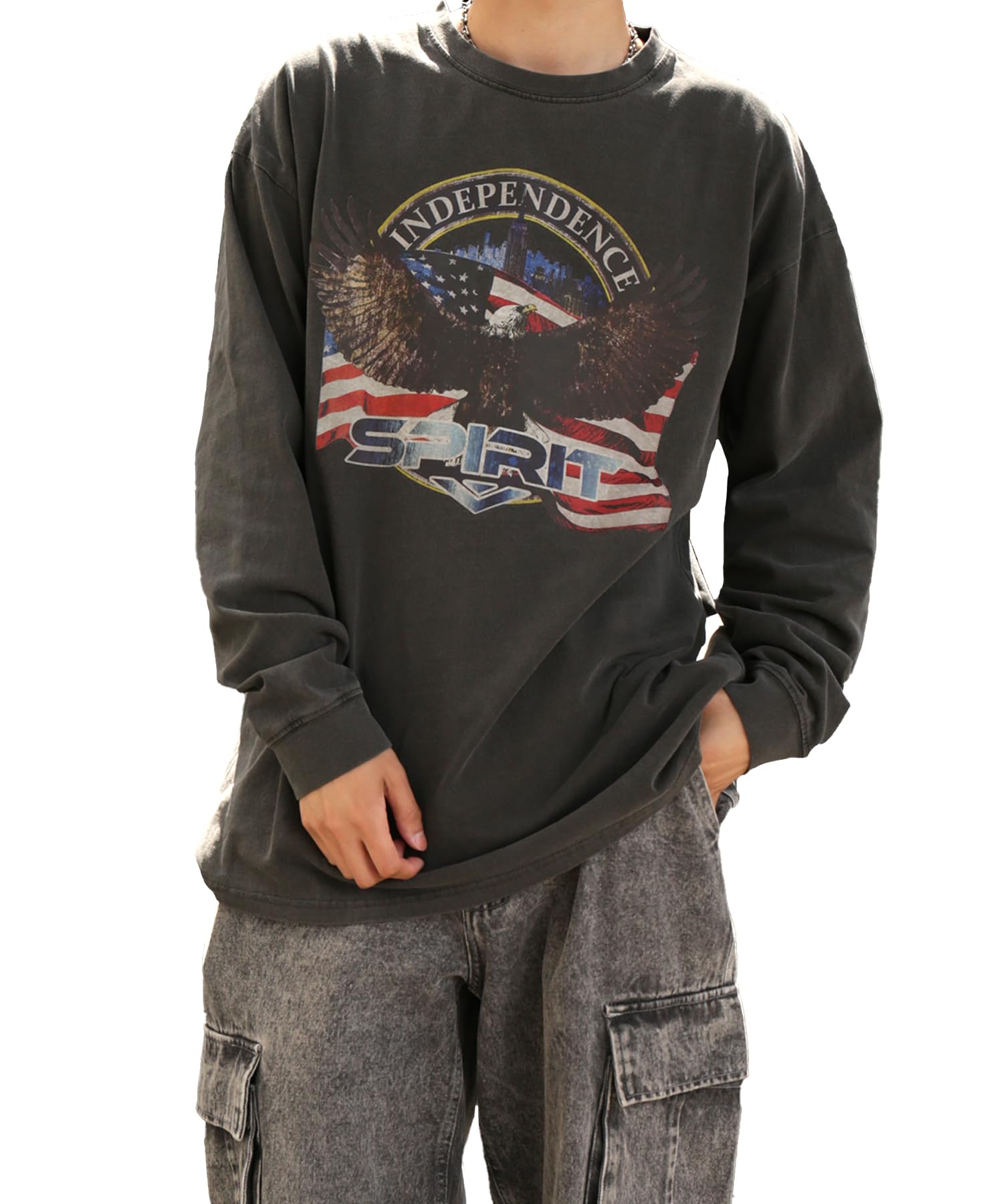 

IMPROMES Casual SIDEWAYSTANCE Eagle Pigment Long Sleeve T-Shirt, Men s, Black