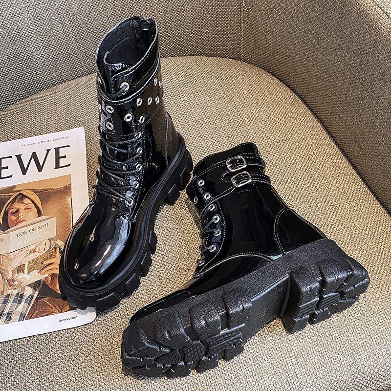 

Foreign trade women s shoes Martin boots women s autumn and winter new rear zipper round head belt buckle locomotive women s leather boots 43 чорний