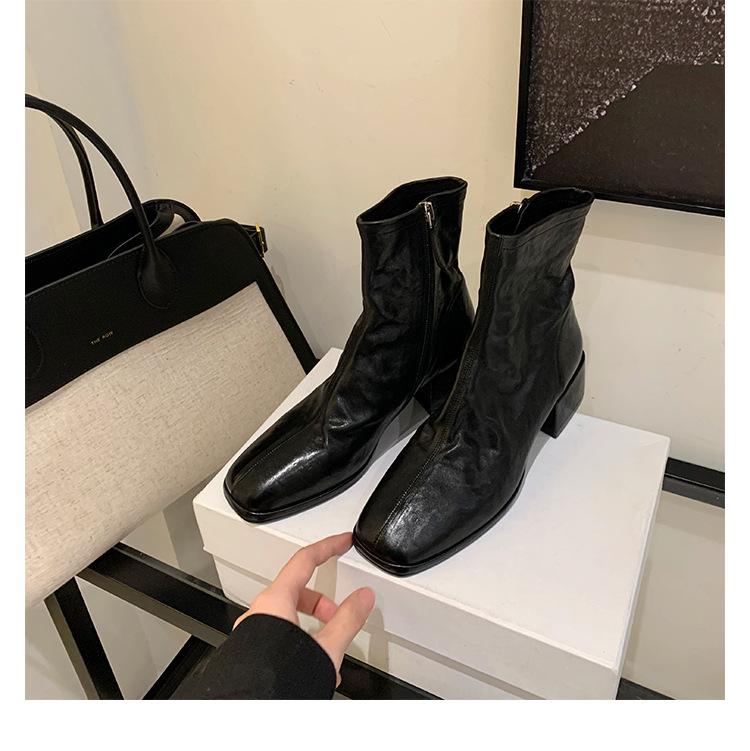 [Autumn and Winter Explosion] Korean Square Head Washed Horse Skin Thin Short Boots Thick Heel Side Zipper Thick Sole Small Ankle Boots Children