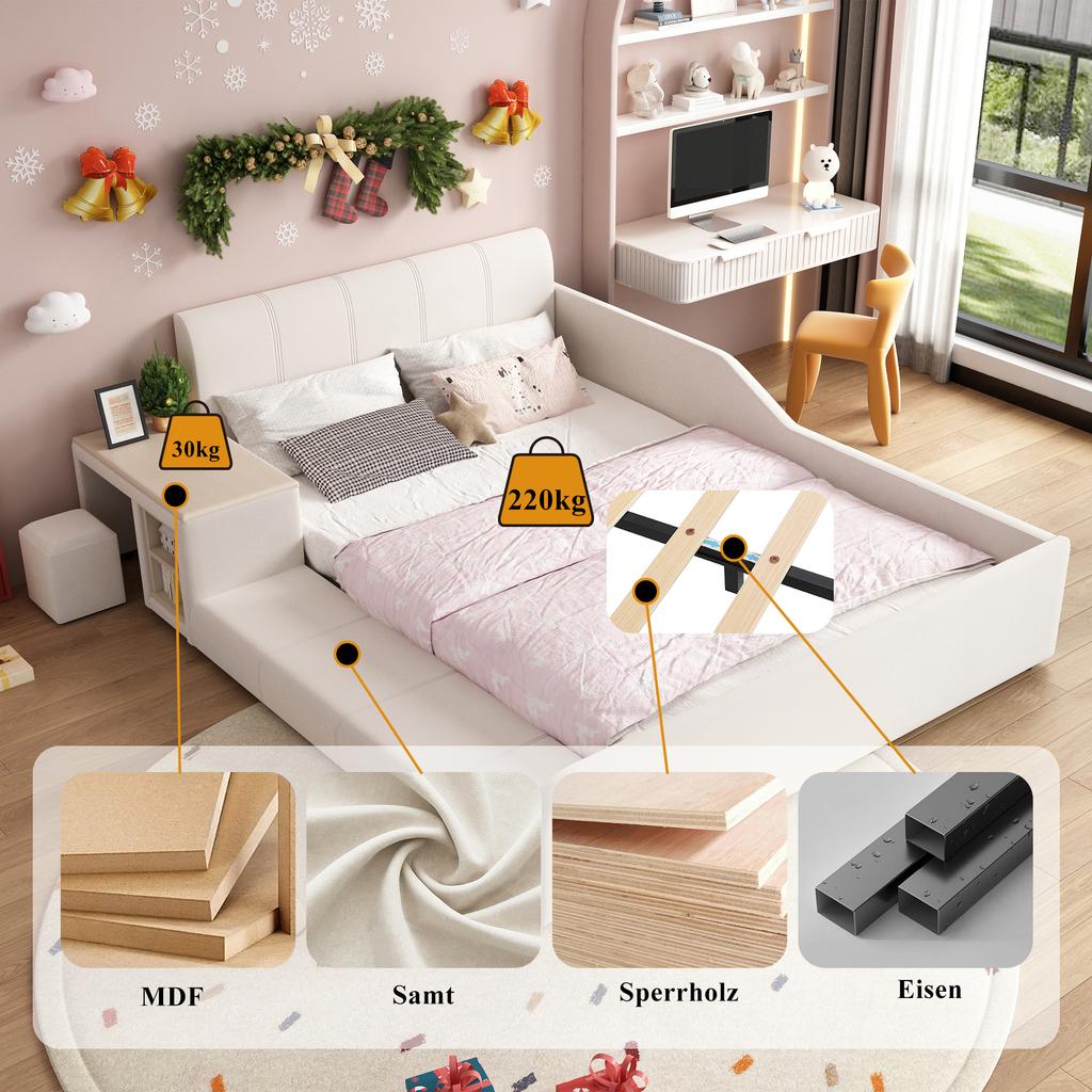 Upholstered Bed with Children's Desk and Stool, With Storage Shelf, Soft Headboard, Children's Bed with Wooden Slats, Velvet, White, 140x200cm
