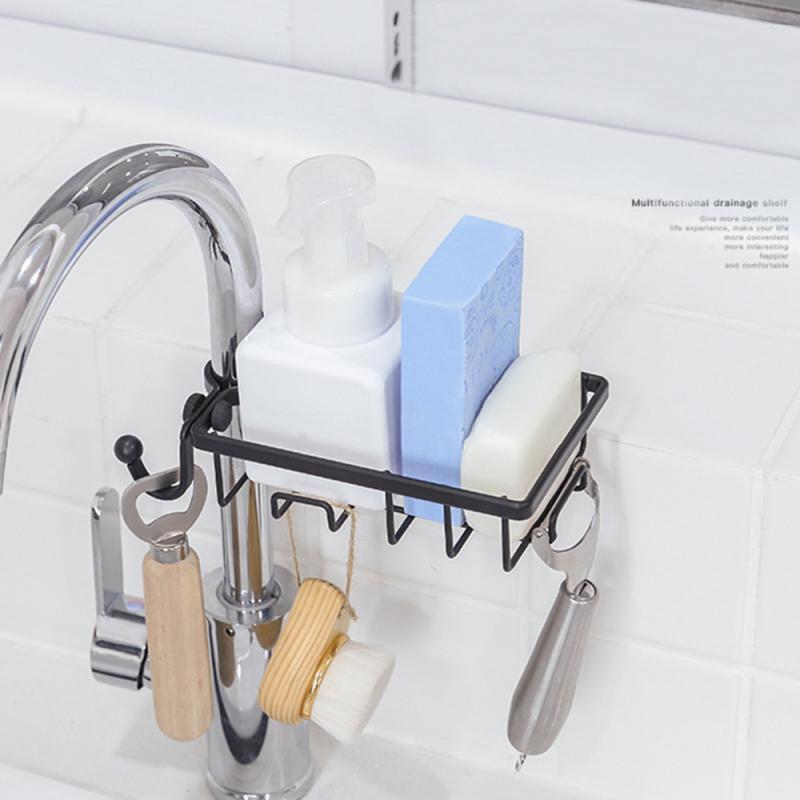 Kitchen Sink Faucet Rack Sponge Rag Storage Drain Shelf Bathroom Shower Rod Hanging Iron Basket Soap Dish Shampoo Holder