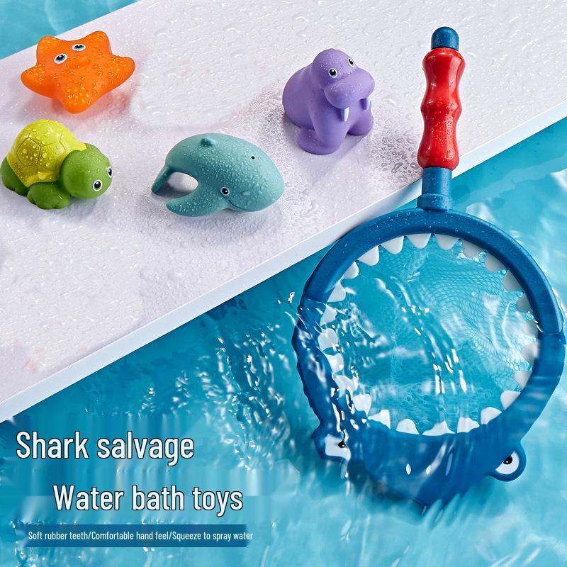 

Turtle Water Spray & Shark Fishing Net Bath Toys for Kids – Floating Animal Squeeze Beach Playset