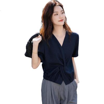 [Straight To The Sky] Autumn TR Bright Silk Faux Denim Shirt with Twisted Elastic Hem, Women's Top