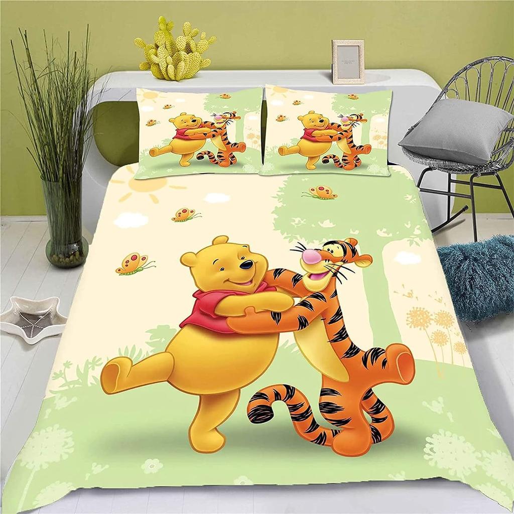 3D Digital Printing Three-Piece Set, Quilt Cover, Bed Sheet, Pillowcase, Cartoon Winnie The Pooh Kit.