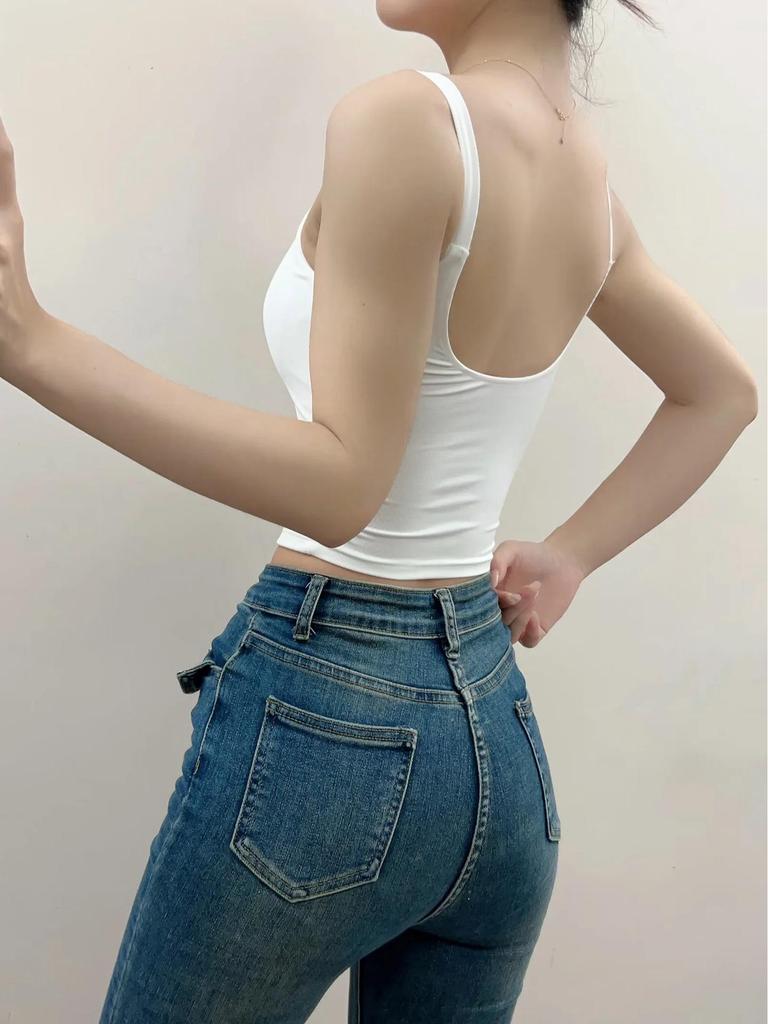 Women's U-Neck Padded Tank Top - Tight-Fit Summer Camisole, Backless, High-Waisted Style