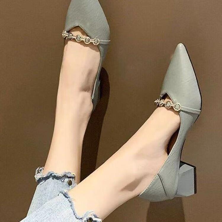 Baotou Mid-heel Sandals Spring New Pointed Head Shallow Mouth Crystal Metal Buckle Soft Sole Non-slip Slippers