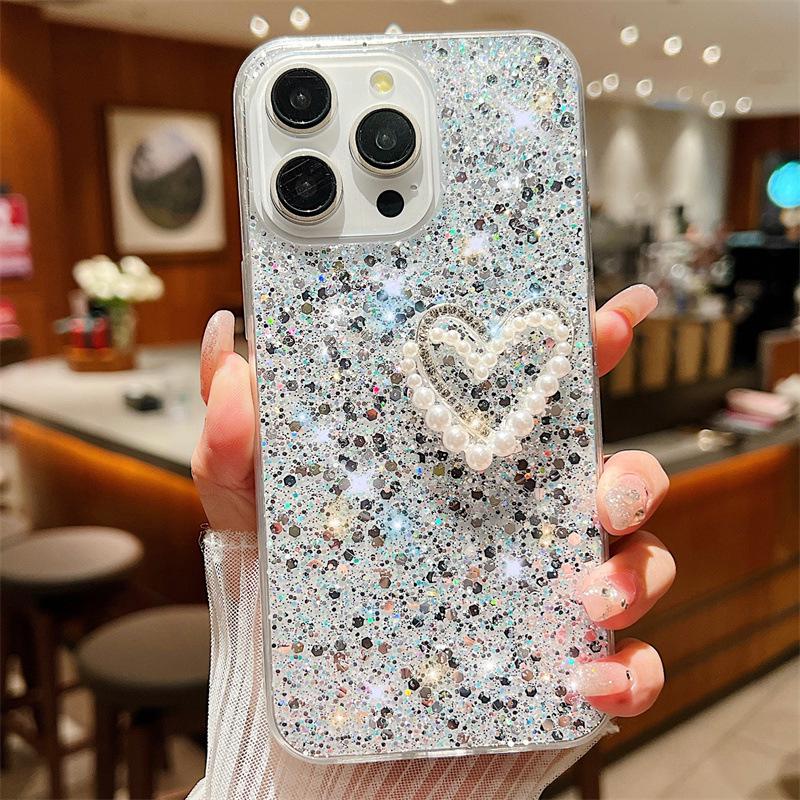Luxus Glitzerpuder Silikonhülle für iPhone 15 Pro Max, 12, 11 - Doppelschichtiges Perlen-Liebes-Design, Fallschutz