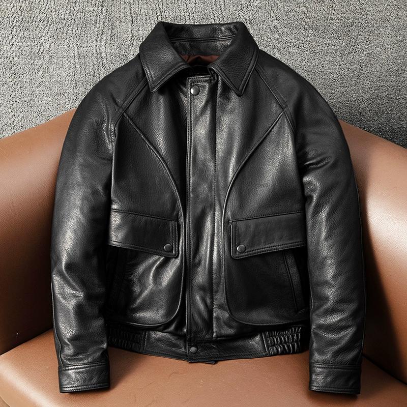 

Толстая куртка-бомбер из смешанной натуральной козьей кожи, мятая, мужская, со стойкой, короткая, приталенного кроя L is too large