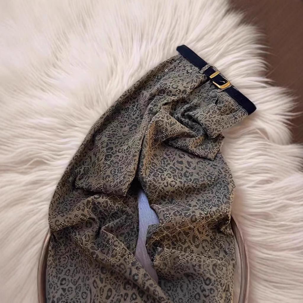 Blugi Slim cu Talie Înaltă cu Imprimeu Leopard pentru Streetwear de Damă Primăvara și Toamna 2025 Pantaloni Drepți Casual Vintage