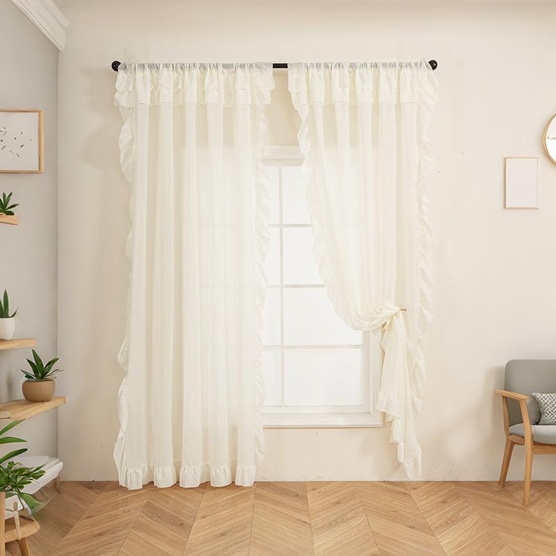 Perdea simplă, culoare solidă, cu volane și margini cu frunze, transparentă, pentru fereastră