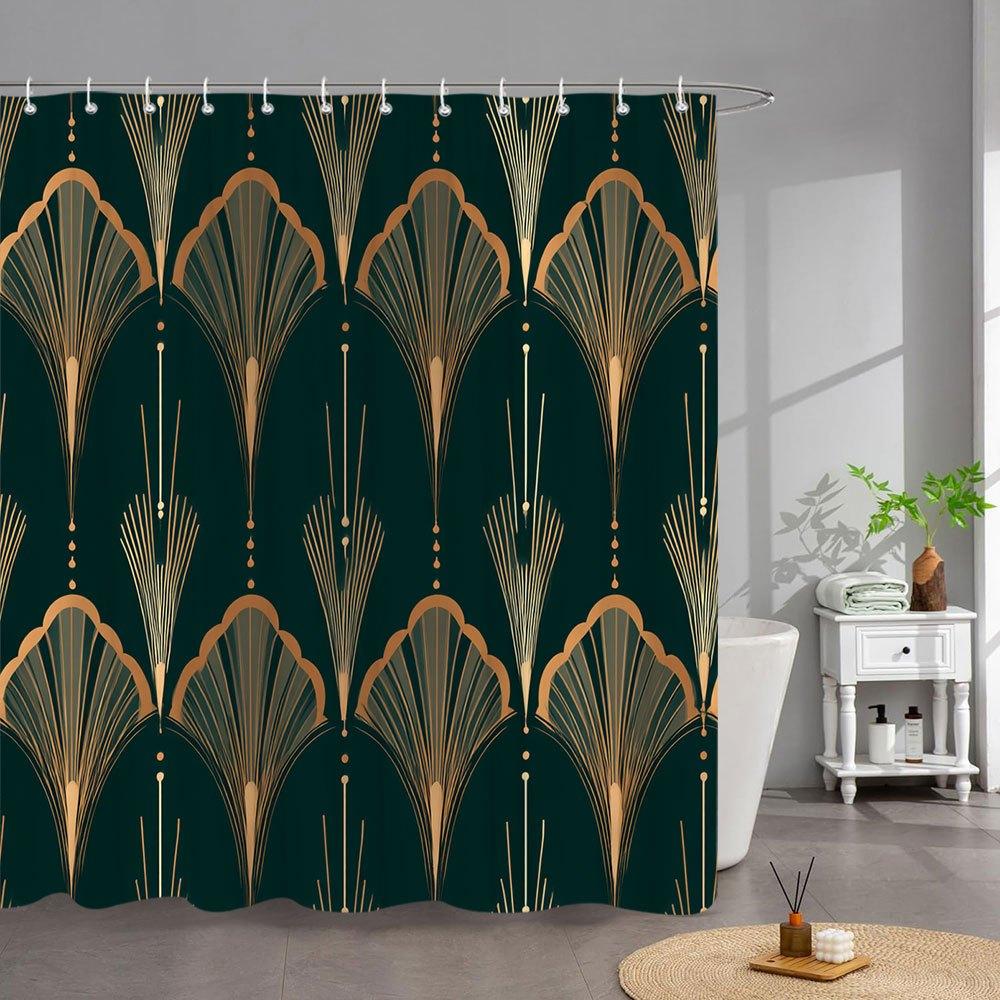 

1pc Luxury Art Deco & Rooster Shower Curtain with Golden Cream Feathers & Deep Green Geometric Pattern - Vintage Elegant Bathr 90x180cm