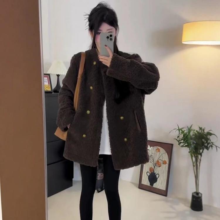 

Женское пальто из овечьей шерсти двубортное меховое - Мода осень/зима Свободный крой Пальто XL (Recommended for 65-75 kg) кофейный