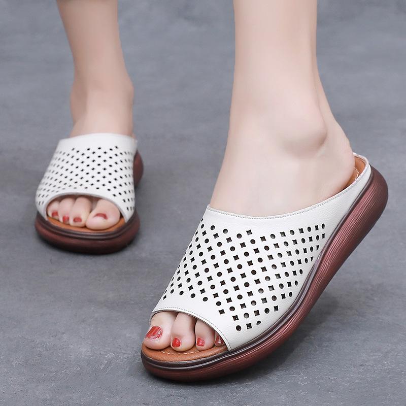 Fashion GKTINOO Summer Plus Size Platform Slippers Women Genuine Leather Open Toe Wedge Sandals Women Thick Sole Slides Zapatillas Mujer