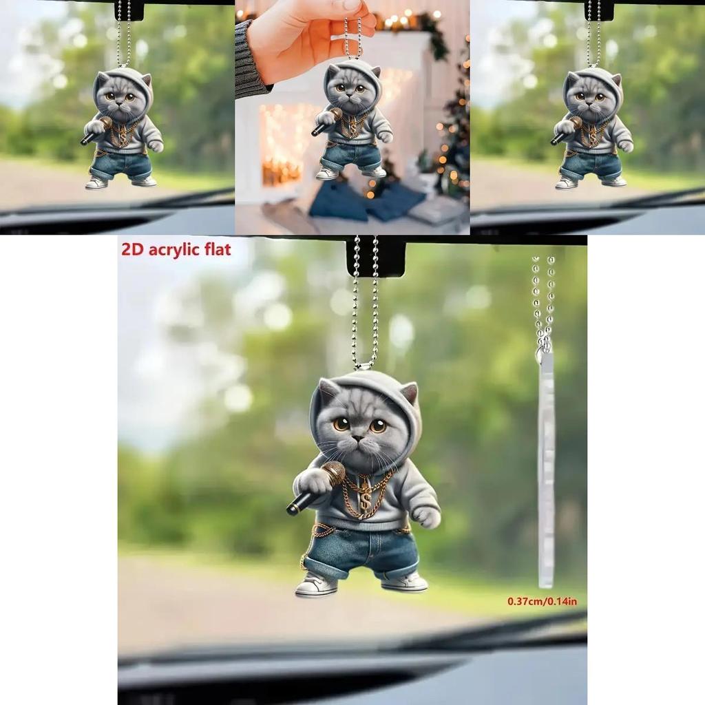 Cute Cartoon Grey Cat Pattern Acrylic Pendant For Vehicle Interior Decor
