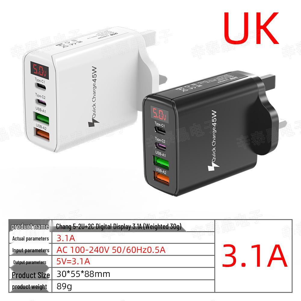 

45W Multi-Port Charger with Digital Display, 2A+2C, 3.1A EU/US/UK Adapter for Mobile Phones White - Matte Bag