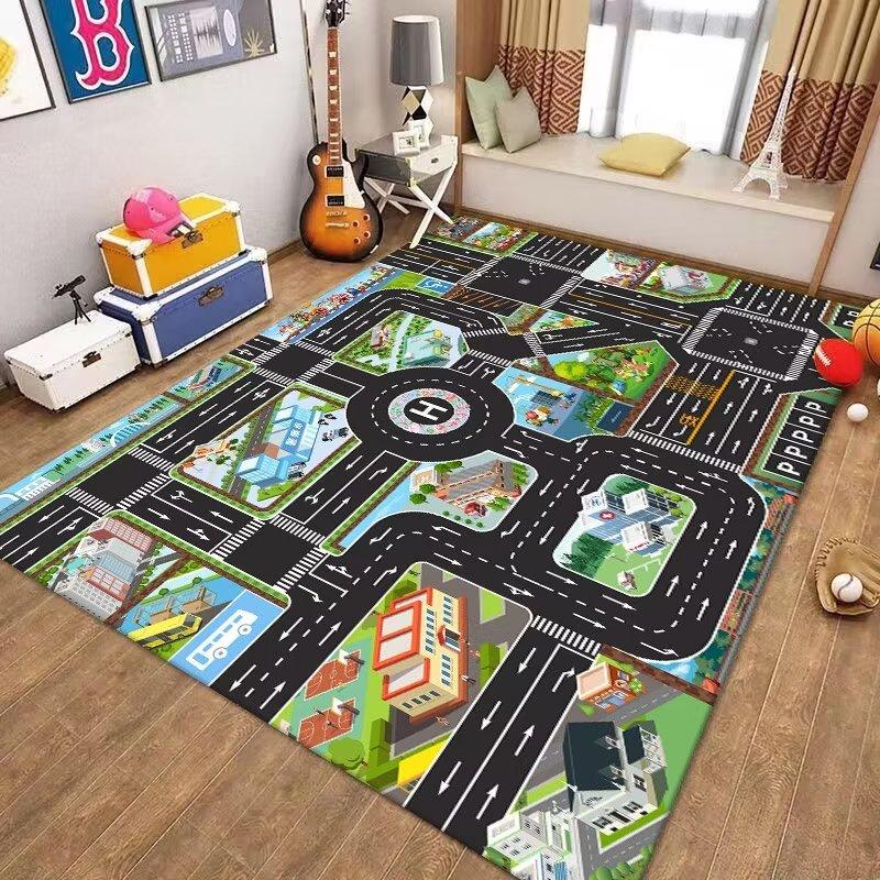 Waschbarer Frühbildungs-Teppich für Kinderzimmer Weiche Stoff-Spielmatte mit Verkehrswegen Puzzle-Design