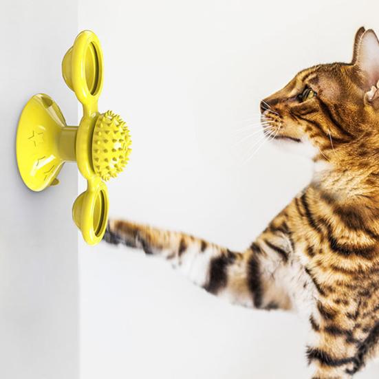 Windmill Cat Toy Interactive Spinner Pet Toys with Catnip And LED Light Cat Face Massage Brush with Suction Cup for Indoor Cats