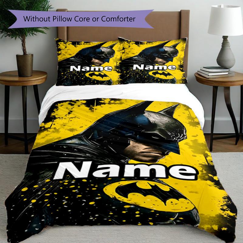 3pcs Duvet Cover Set (1*Duvet Cover + 2*Pillowcase, Without Core), Custom Name Batman Pattern Bedding Set, Home Bedroom Decor Gift