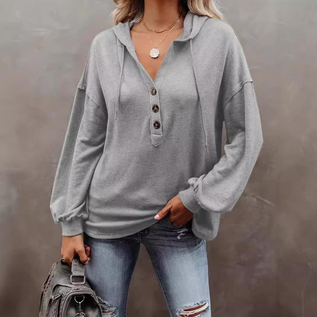 Women's Solid Color Oversized Hoodie, Casual Comfortable V Neck Button Front Sweatshirt, European American Style Crossbody Top for Women