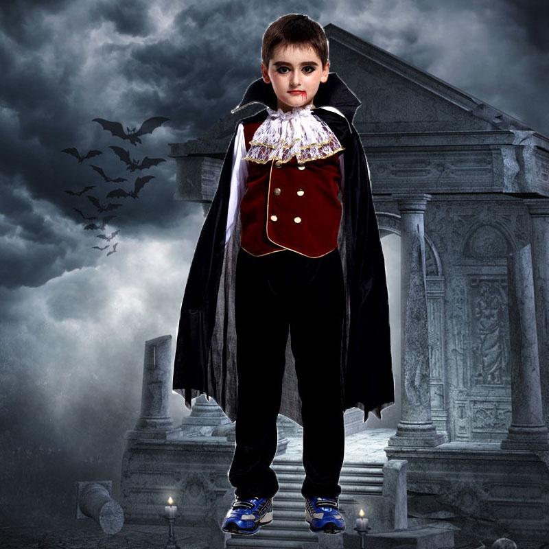Elegant Black And Red Vampire Costume For Boys With Lace Details And Stand-up Collar