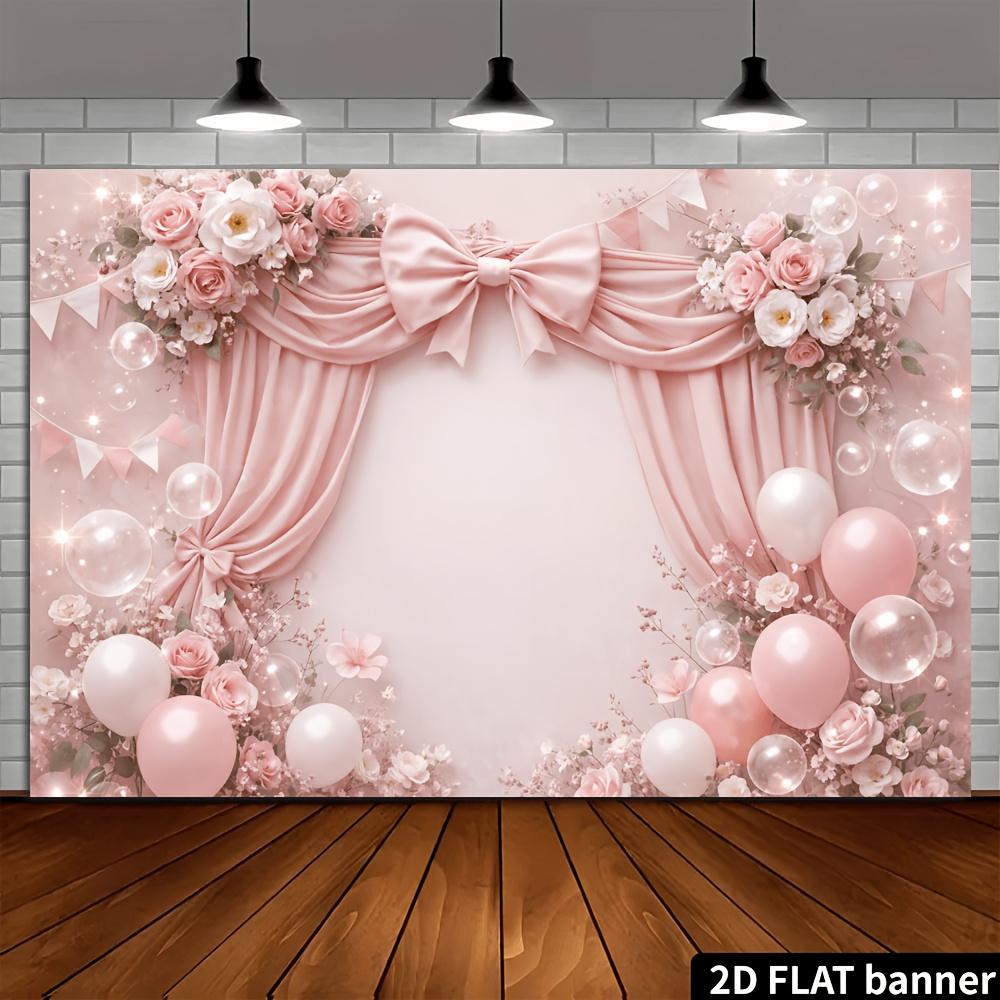 Romantic Pink Theme Banner Background Featuring Pink Bows Roses White Flowers and Pink-white Balloons