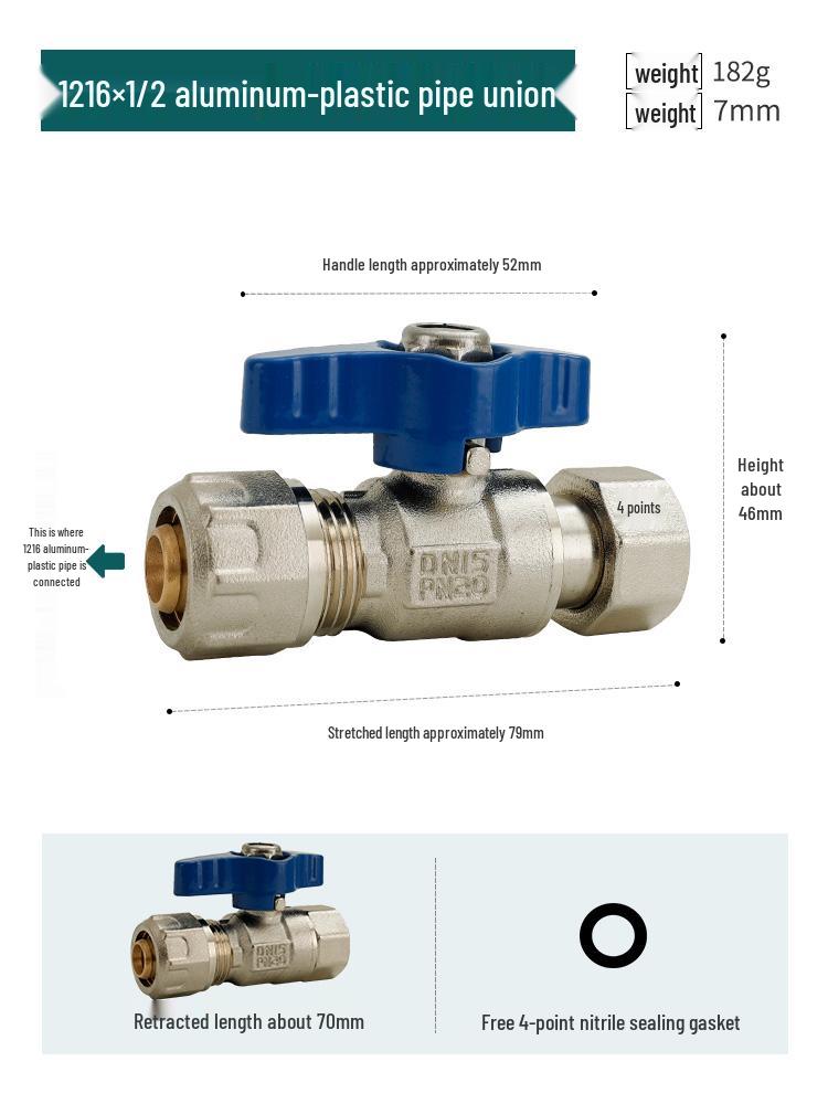 All-Copper Aluminum-Plastic Pipe Compression Ball Valve for Underfloor Heating - Internal Thread, Solar 1216/1620/2025