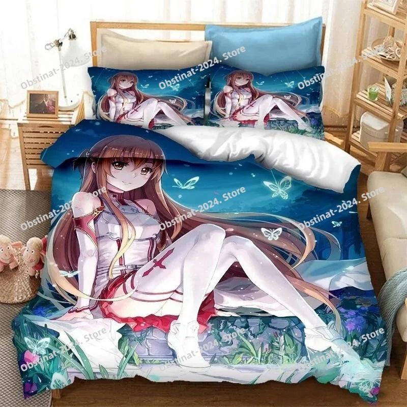 סט מצעים לאנימה SAO Yuuki Asuna, כיסוי שמיכה שמיכה סט מיטה כיסוי שמיכה ציפית לכרית, מידת קינג קווין טווין בנים בנות מבוגרים