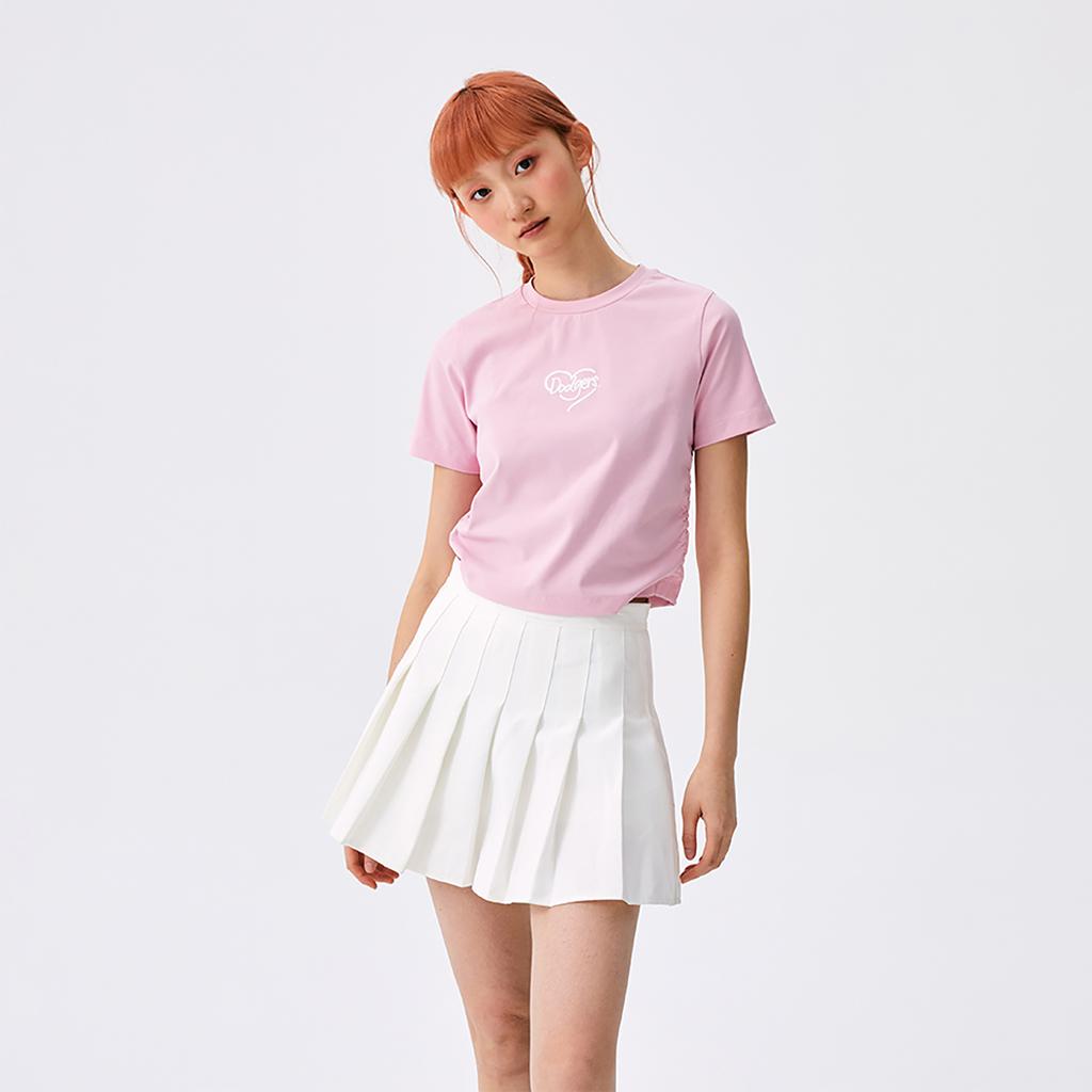 New MLB Los Angeles Dodgers Heart SS25 T Shirt Women's Heather Gray Pink 3FTSH0453-07PKM