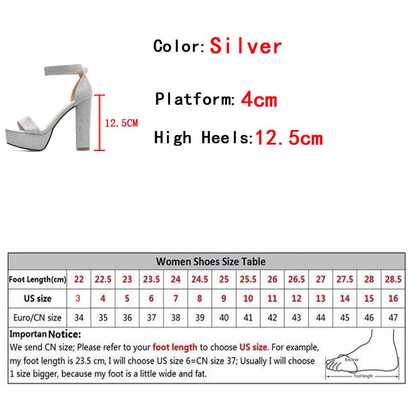 Neue Mode Silber Strass Plateau Sandalen Sommer Zehenfrei Knöchelriemen Quadratische Hohe Absätze Damen Party Hochzeitsschuhe