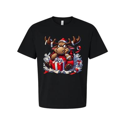 Unisex Weihnachts-Elch-Illustration T-Shirt mit Weihnachtsmannmütze und Geschenkboxen-Design
