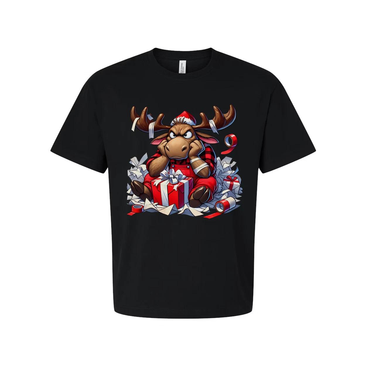 

Unisex Christmas Moose Illustration T Shirt With Santa Hat And Gift Boxes Design M