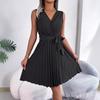 Temperament Cross V-neck Sleeveless Waist Pleated Dress