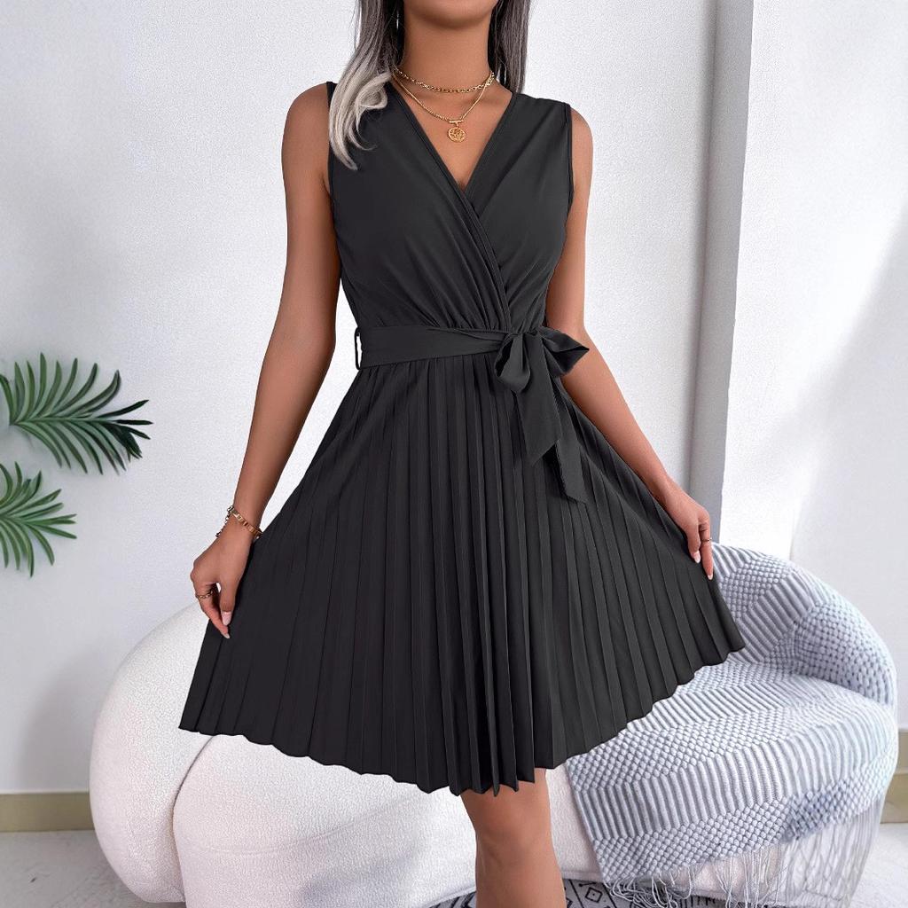 Temperament Cross V-neck Sleeveless Waist Pleated Dress