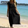 JPNTKY Fashion Summer Spring Solid Color Print O-Neck Short Sleeve Casual Dresses