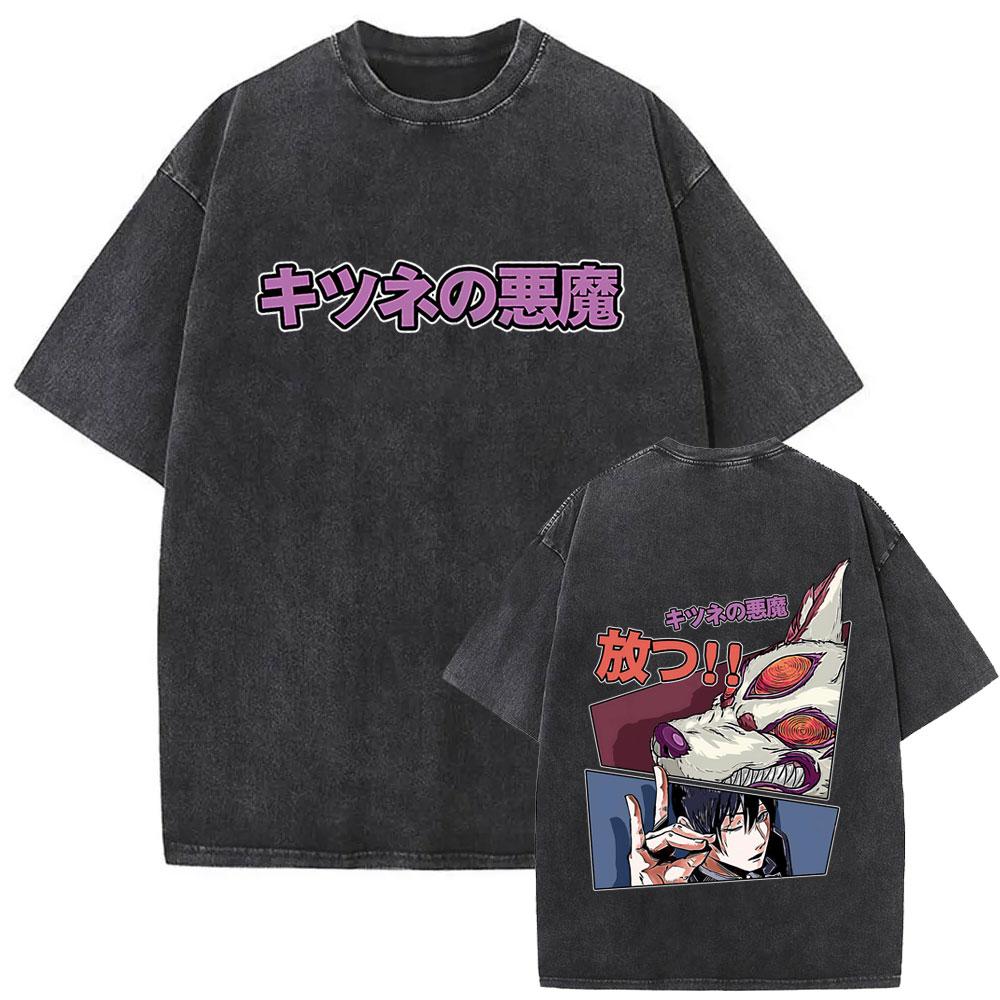Anime Chainsaw Man Vintage Washed T-shirt Hayakawa Aki Summon Kon Fox Devil Graphic T Shirts Men Women Casual T-shirts