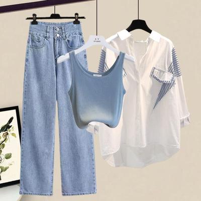 Women Spring Summer Striped Long Sleeve Shirt+Vest+Jeans 3-Piece Suit Korean Elegant Cardigan Denim Pants Matching Set