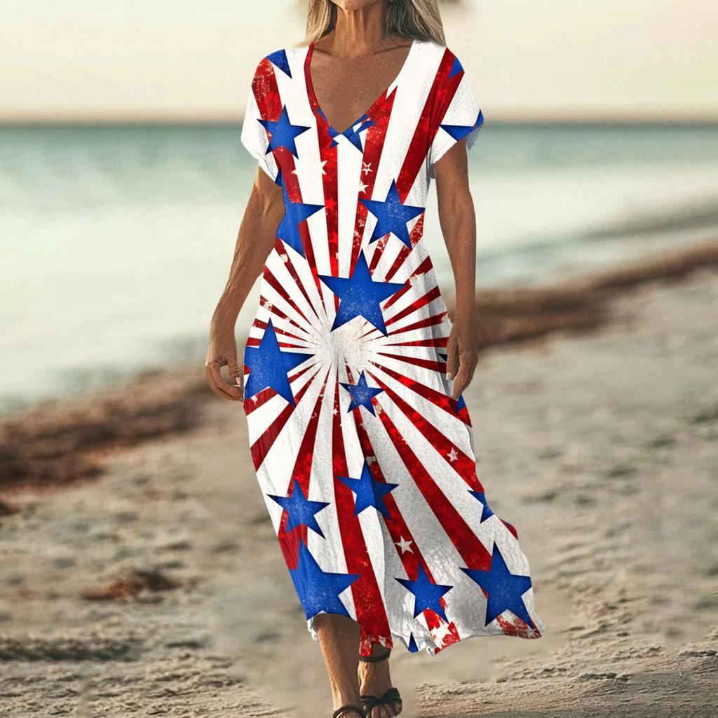 Sommerkleid Damen Lang Strandkleid Elegantes Kleid V-Ausschnitt Kurzarm Sommerkleid Leicht Luftig