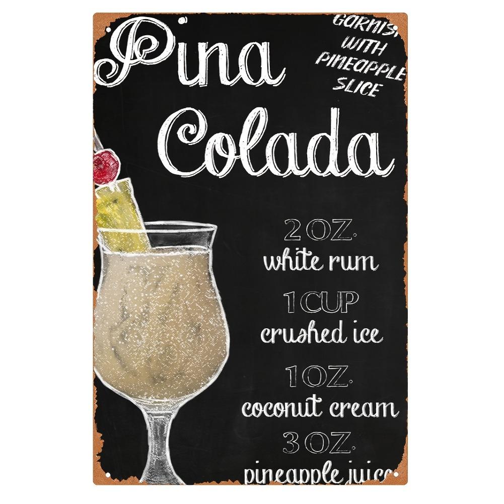 1pc Vintage "Pina Colada Recipe" Metal Tin Sign - 8x12in Retro Cocktail Ingredient Wall Art, Easy-Hang for Home/Bar/Cafe