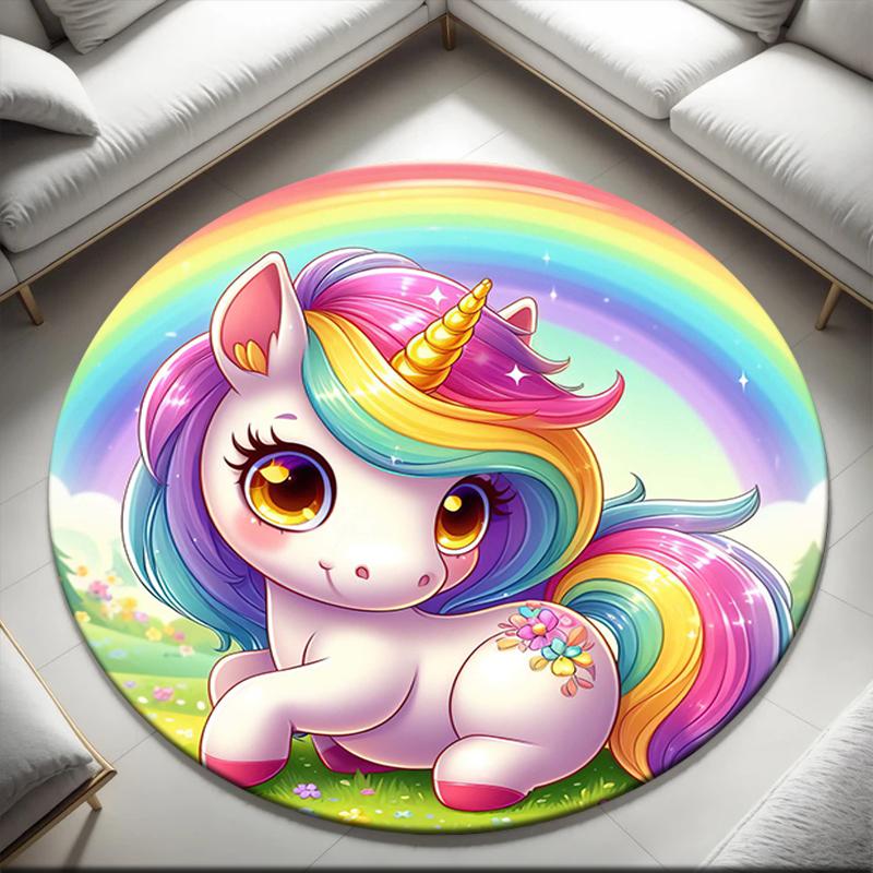 1pc Cartoon Cute Fantasy Unicorn Round Carpet Painted Printed Circular Carpet, Home Door Mat, Outdoor Travel Protection Carpet