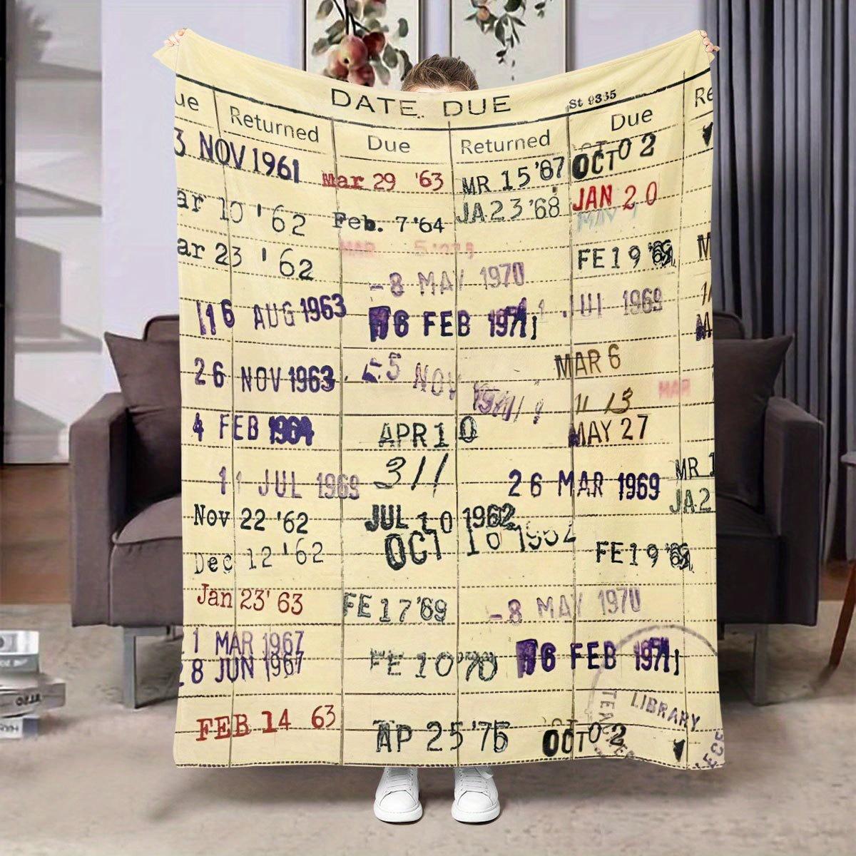 Vintage library card blanket, mixed colors, knitted fabric, polyester, digital print, modern style, perfect for book lovers 30x40in