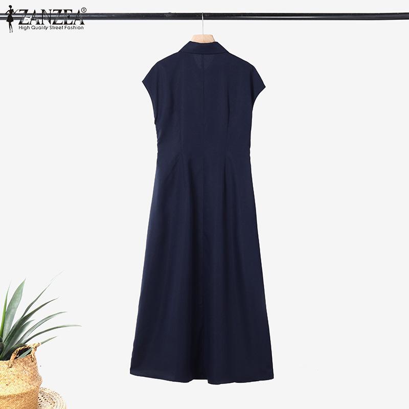 ZANZEA Women Summer Turn Down Collar Casual Sleeveless Long Dress