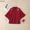 ZANZEA Women Stand Collar Casual Embroidery Loose Short Sleeve Blouse