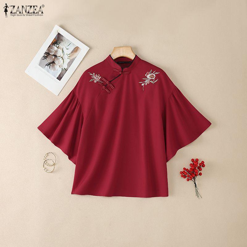 ZANZEA Women Stand Collar Casual Embroidery Loose Short Sleeve Blouse