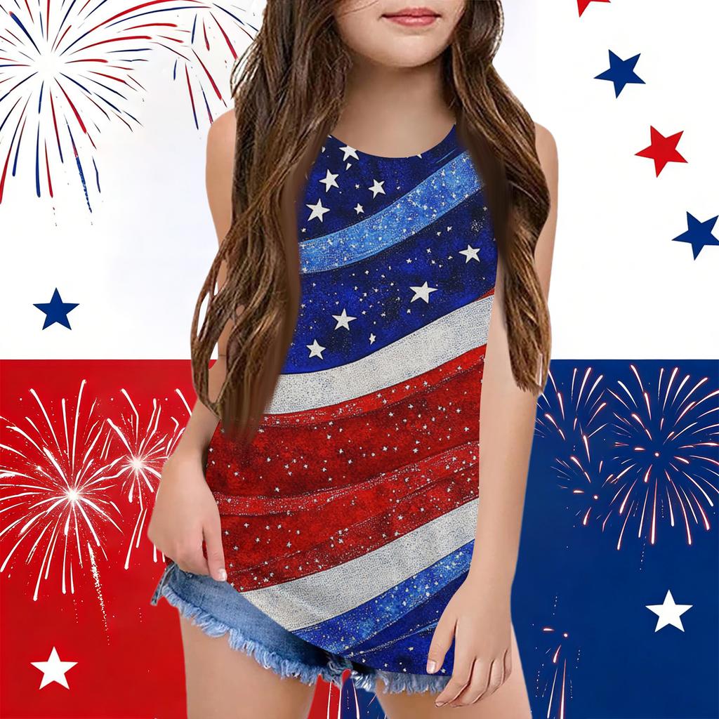 Girls  Kids Summer Crewneck Sleeveless Shirts Tank Tops Independence Day