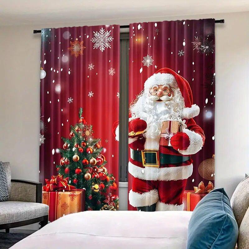 2 Pieces of Santa Claus and the Christmas Tree Printed Curtains   Pole Bag Curtains   Home Decoration   Room Decoration